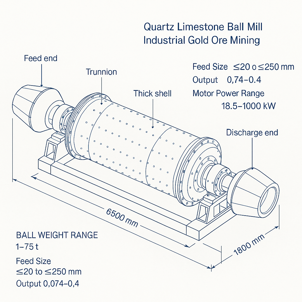 Quartz Limestone Ball Mill Industrial Gold Ore Mining Ball Mill — labelled 3D blueprint