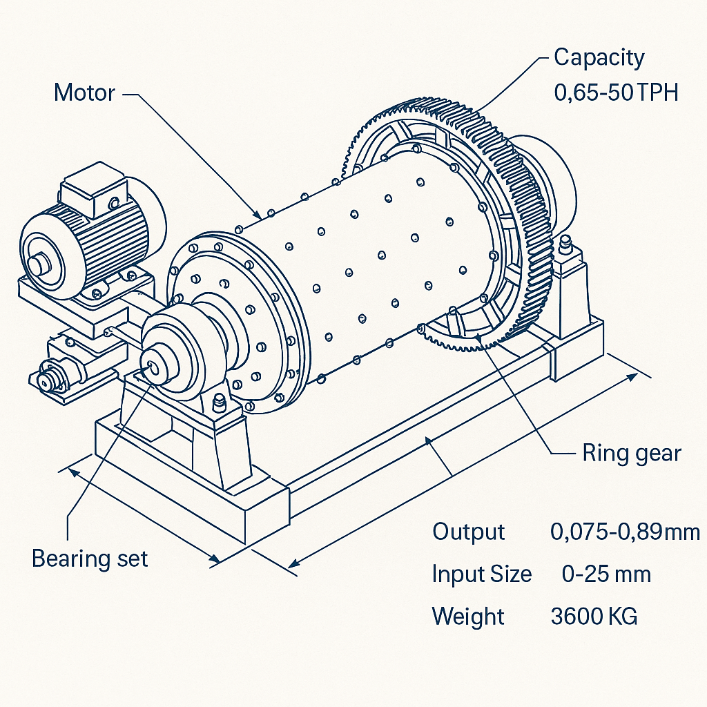Mining Equipment Ball Mill Grinding Machine for Gold Mining — labelled 3D blueprint