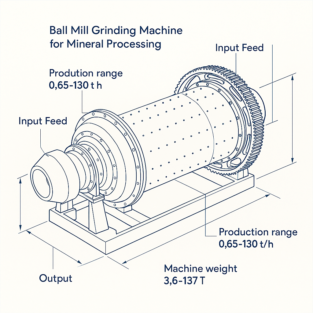 Ball Mill Grinding Machine for Mineral Processing — labelled 3D blueprint