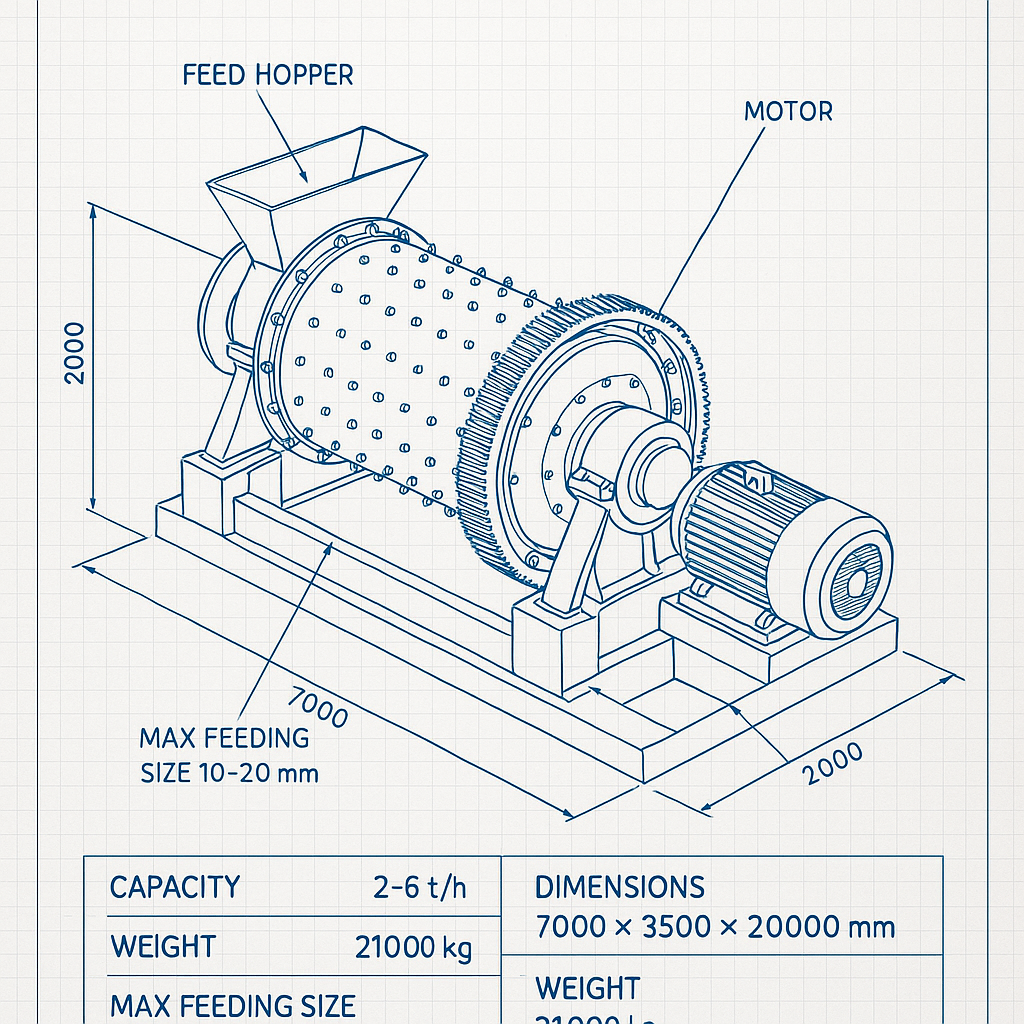 Gold Ore and Limestone Ball Mill Grinding Machine — labelled 3D blueprint