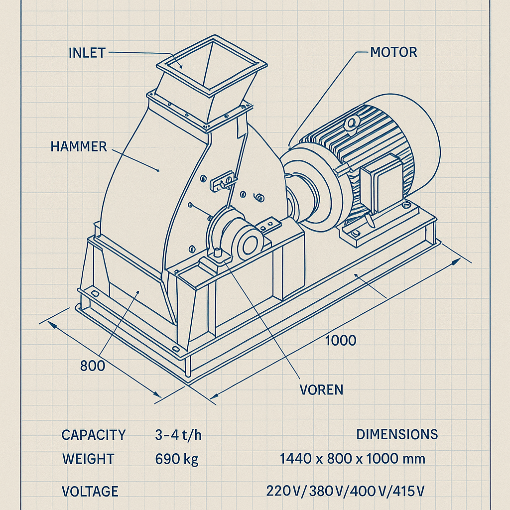 YUDA Maize Grain Hammer Mill Grinding Machine — labelled 3D blueprint
