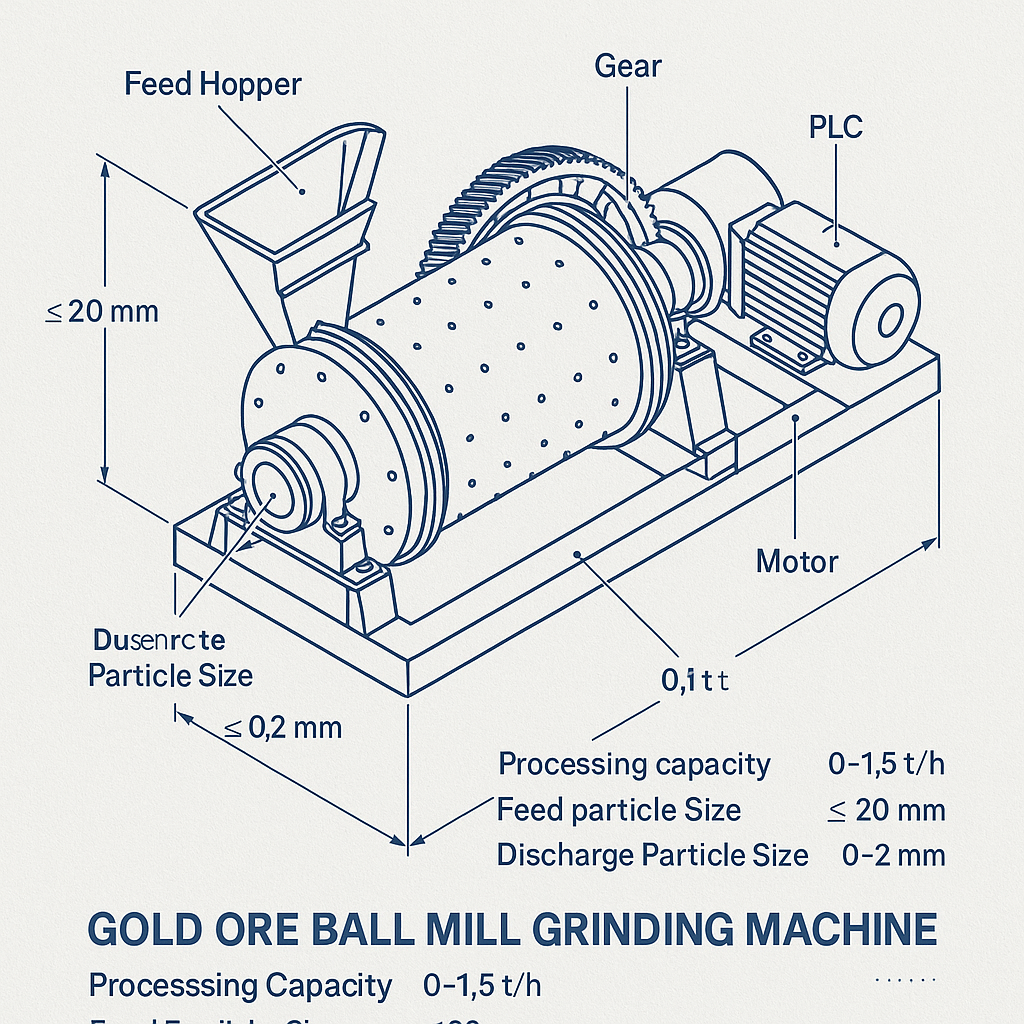 Gold Ore Ball Mill Grinding Machine — labelled 3D blueprint