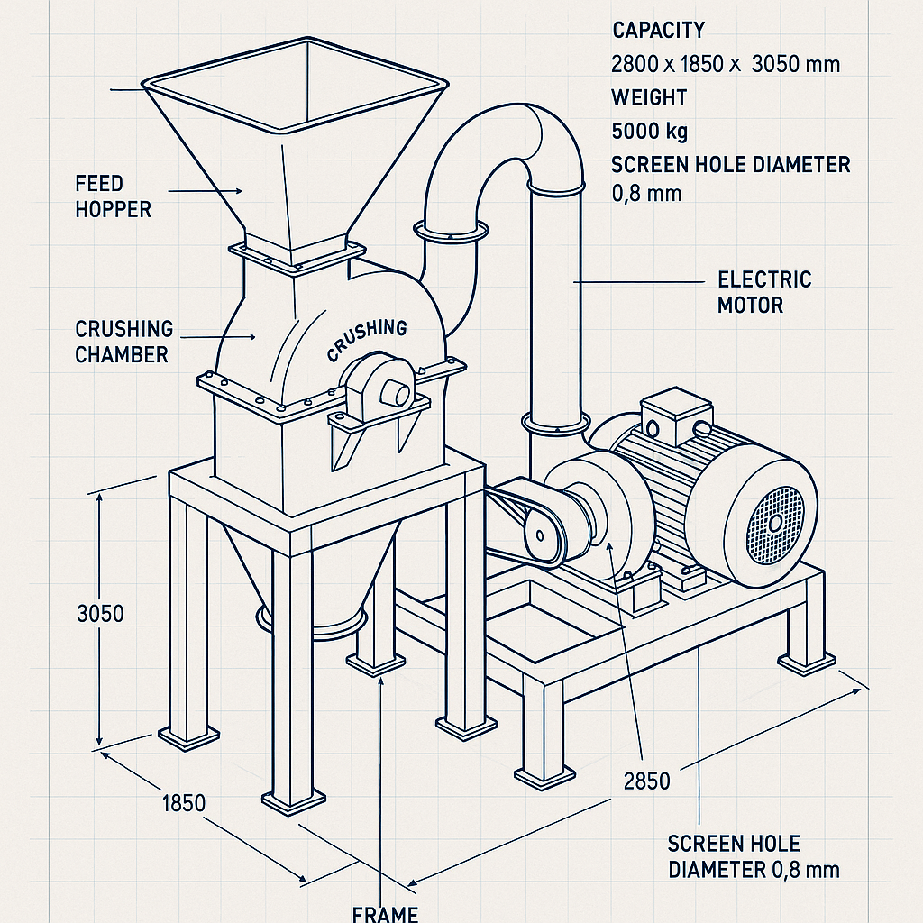 Fine Wood Powder Pulverizer — labelled 3D blueprint