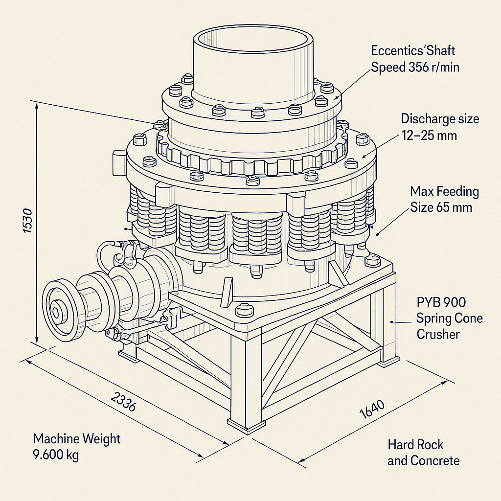 PYB 900 Spring Cone Crusher for Hard Rock and Concrete Crushing — labelled 3D blueprint