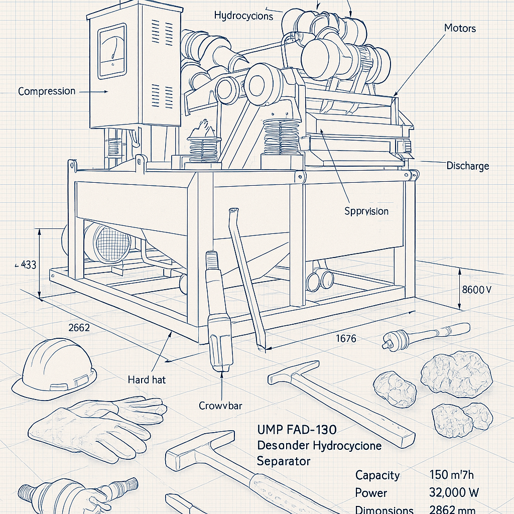 UMP FAD-150 Desander Hydrocyclone Separator — labelled 3D blueprint