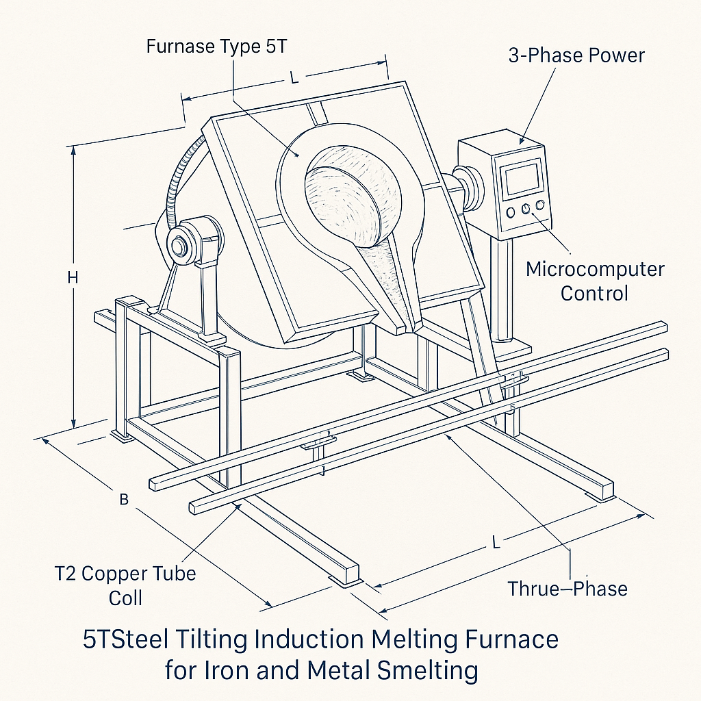 5T Steel Tilting Induction Melting Furnace for Iron and Metal Smelting — labelled 3D blueprint