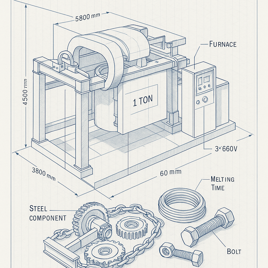 1 Ton Steel Iron Industrial Smelting Induction Melting Furnace — labelled 3D blueprint