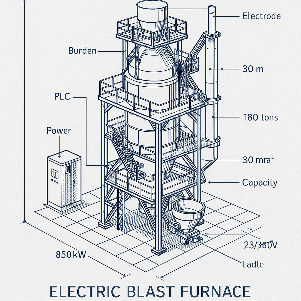 Electric Blast Furnace for Smelting Iron Ore — labelled 3D blueprint
