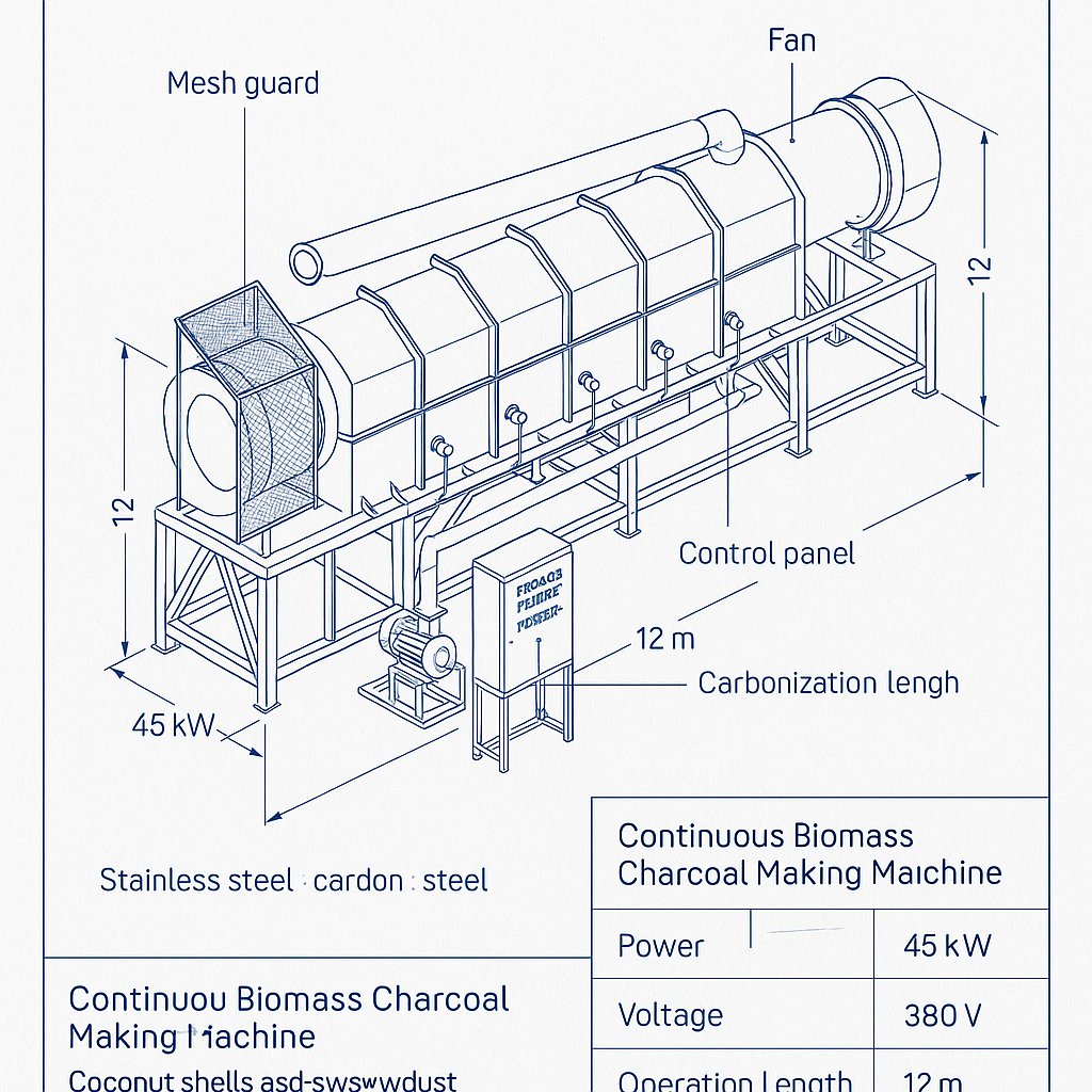 Continuous Biomass Charcoal Making Machine — labelled 3D blueprint