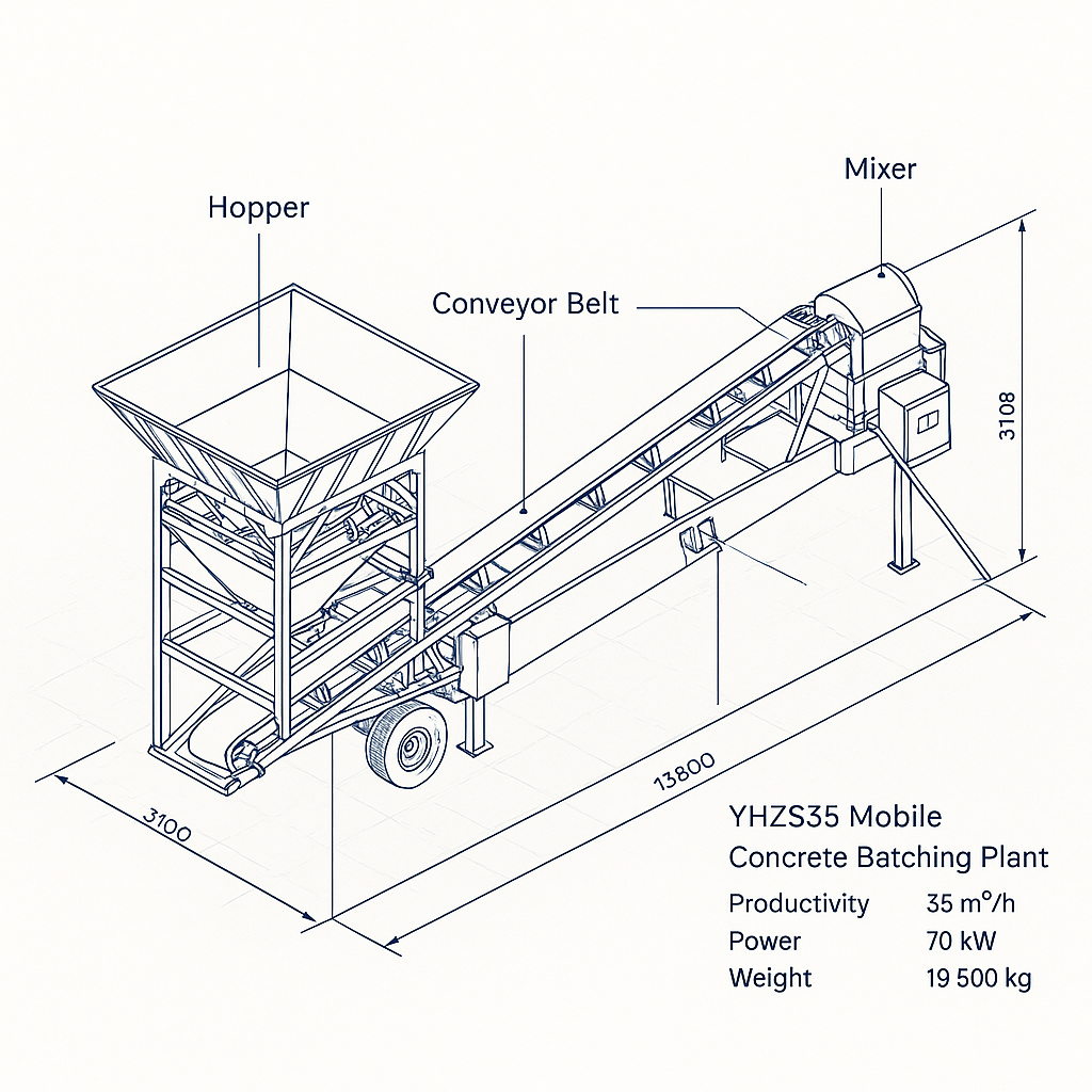 YHZS35 Mobile Concrete Batching Plant — labelled 3D blueprint