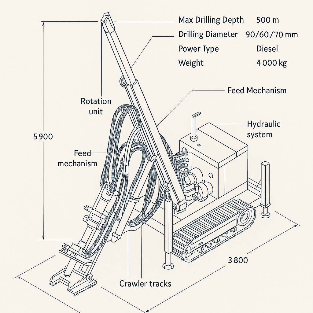 Wireline Rope Core Drilling Rig — labelled 3D blueprint