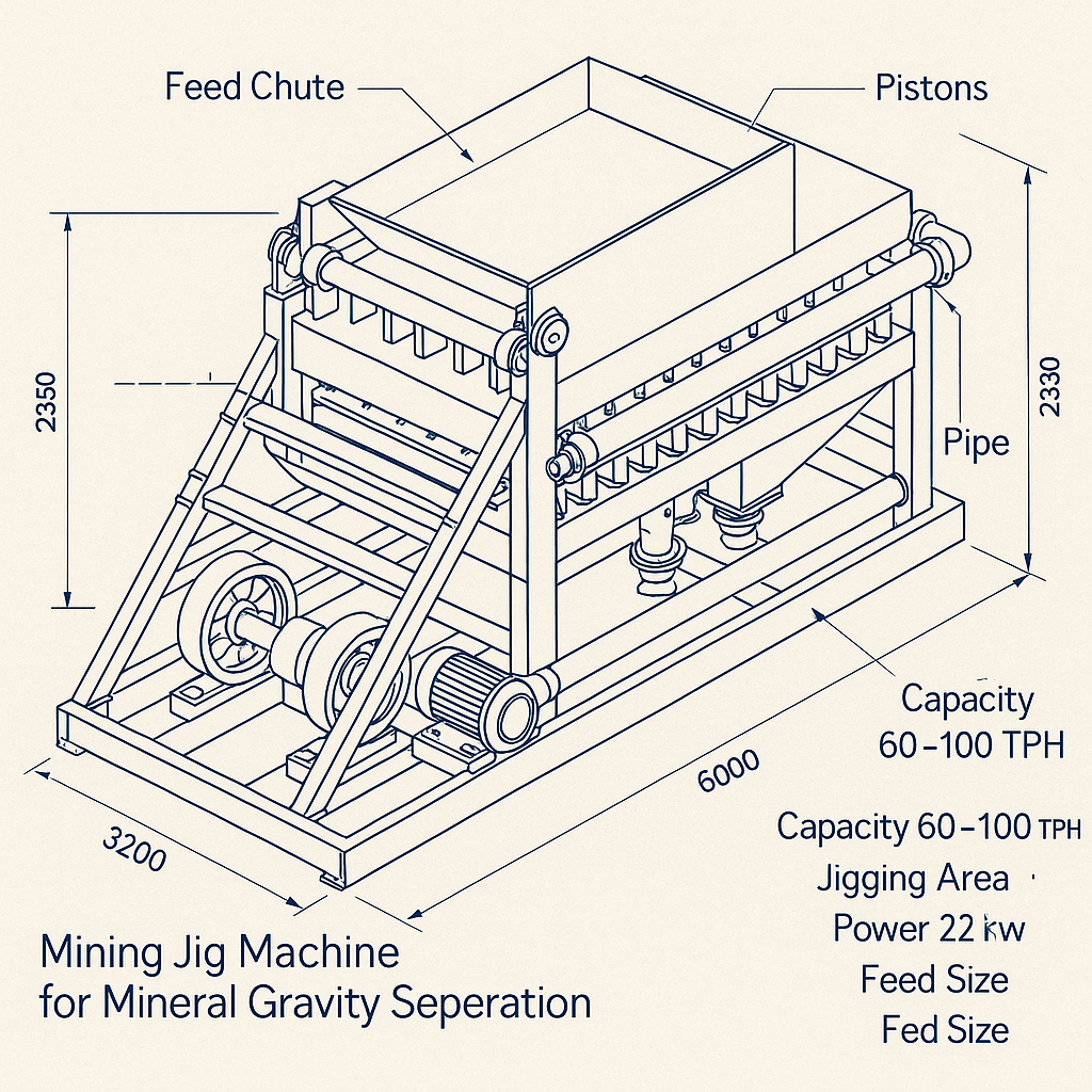 Mining Jig Machine for Mineral Gravity Separation — labelled 3D blueprint