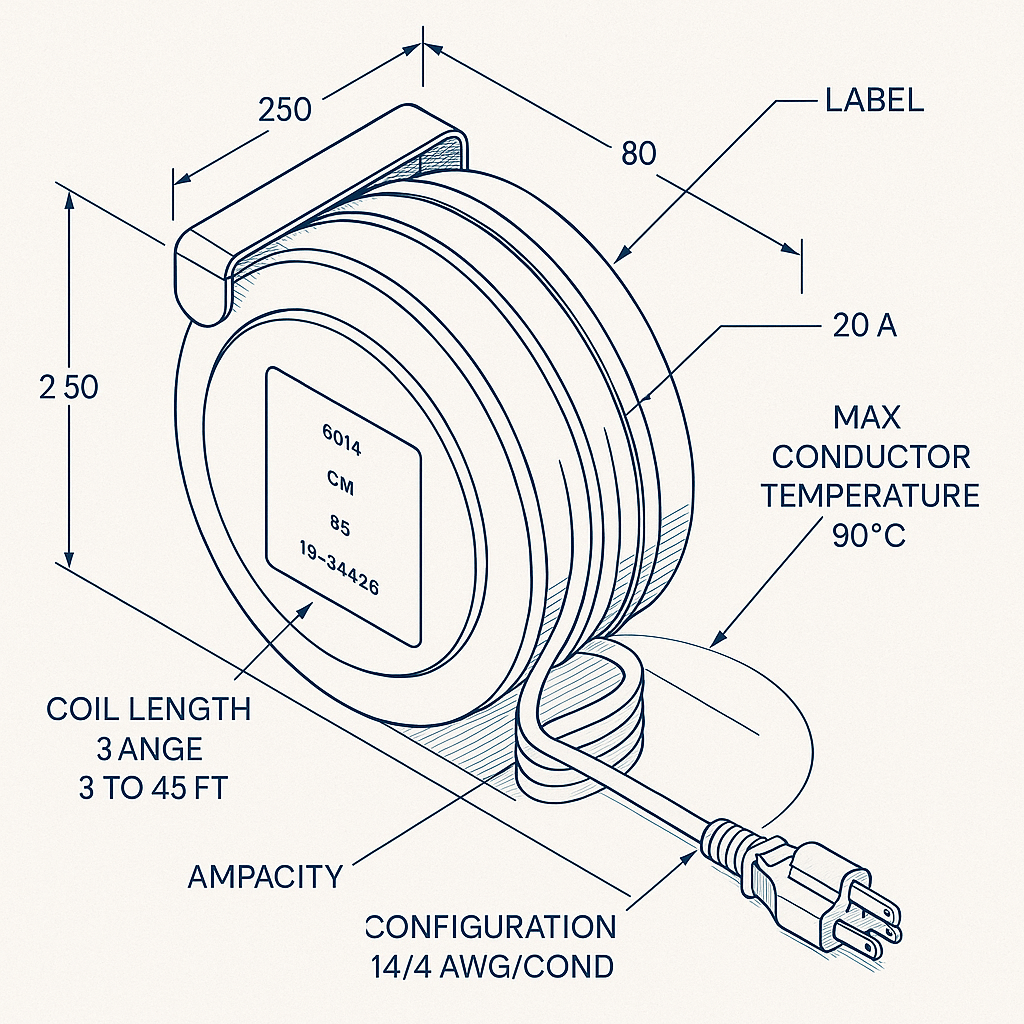 Diamond Power Retractable Cable, 45-Foot Coil — labelled 3D blueprint