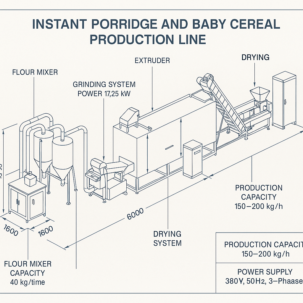 Instant Porridge and Baby Cereal Production Line — labelled 3D blueprint