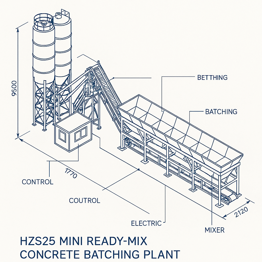 HZS25 Mini Ready-Mix Concrete Batching Plant — labelled 3D blueprint