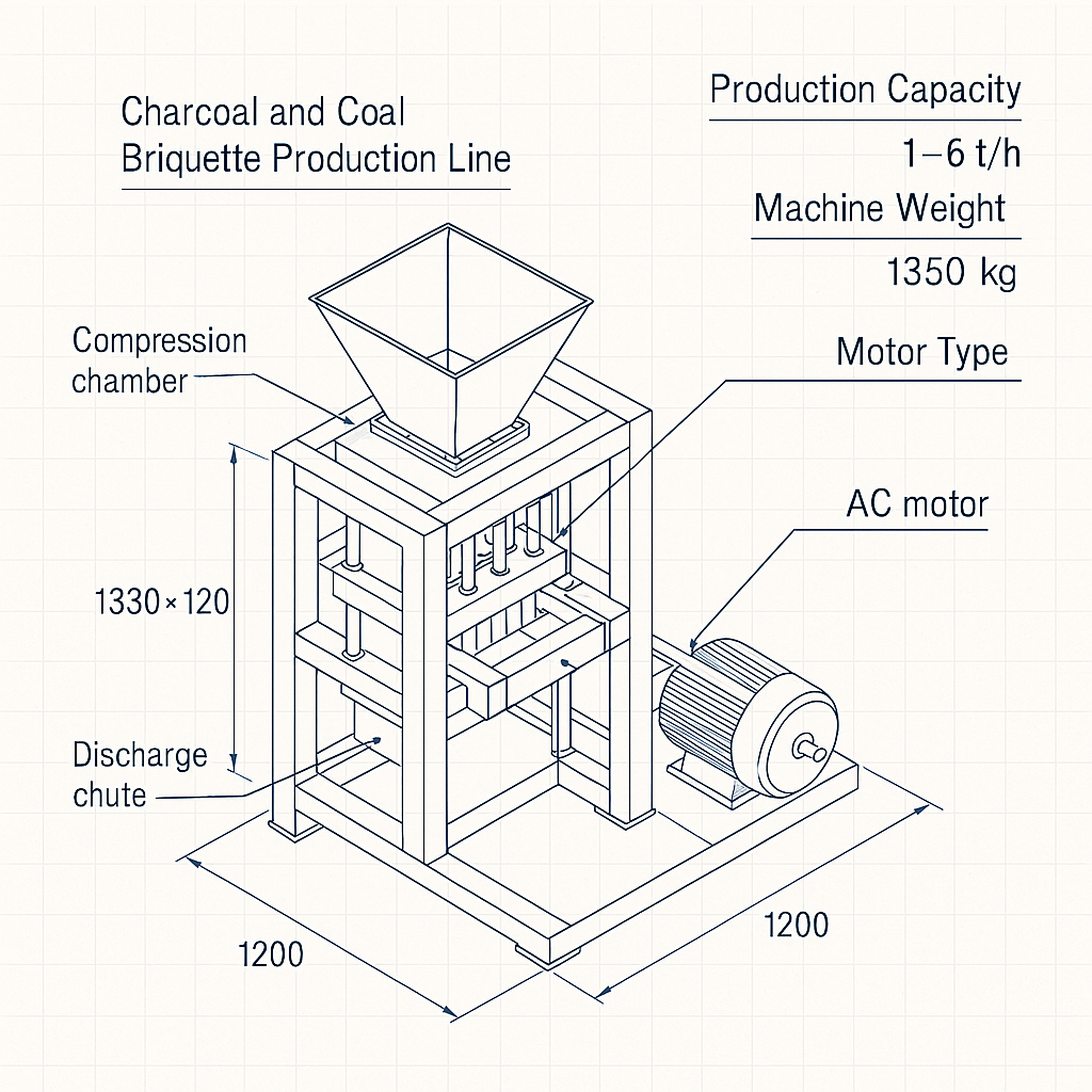 Charcoal and Coal Briquette Production Line — labelled 3D blueprint