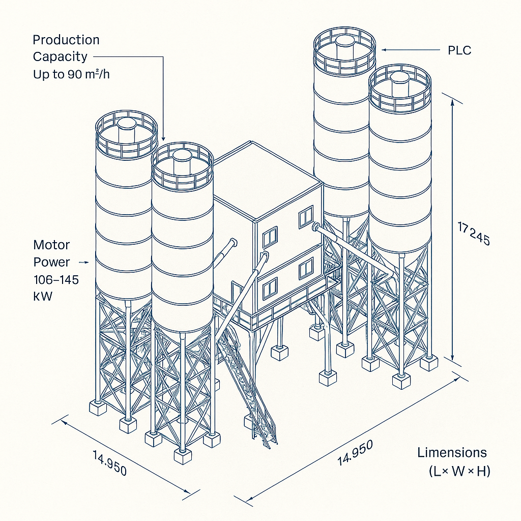 Small Stationary Customizable Concrete Mixing Plant — labelled 3D blueprint