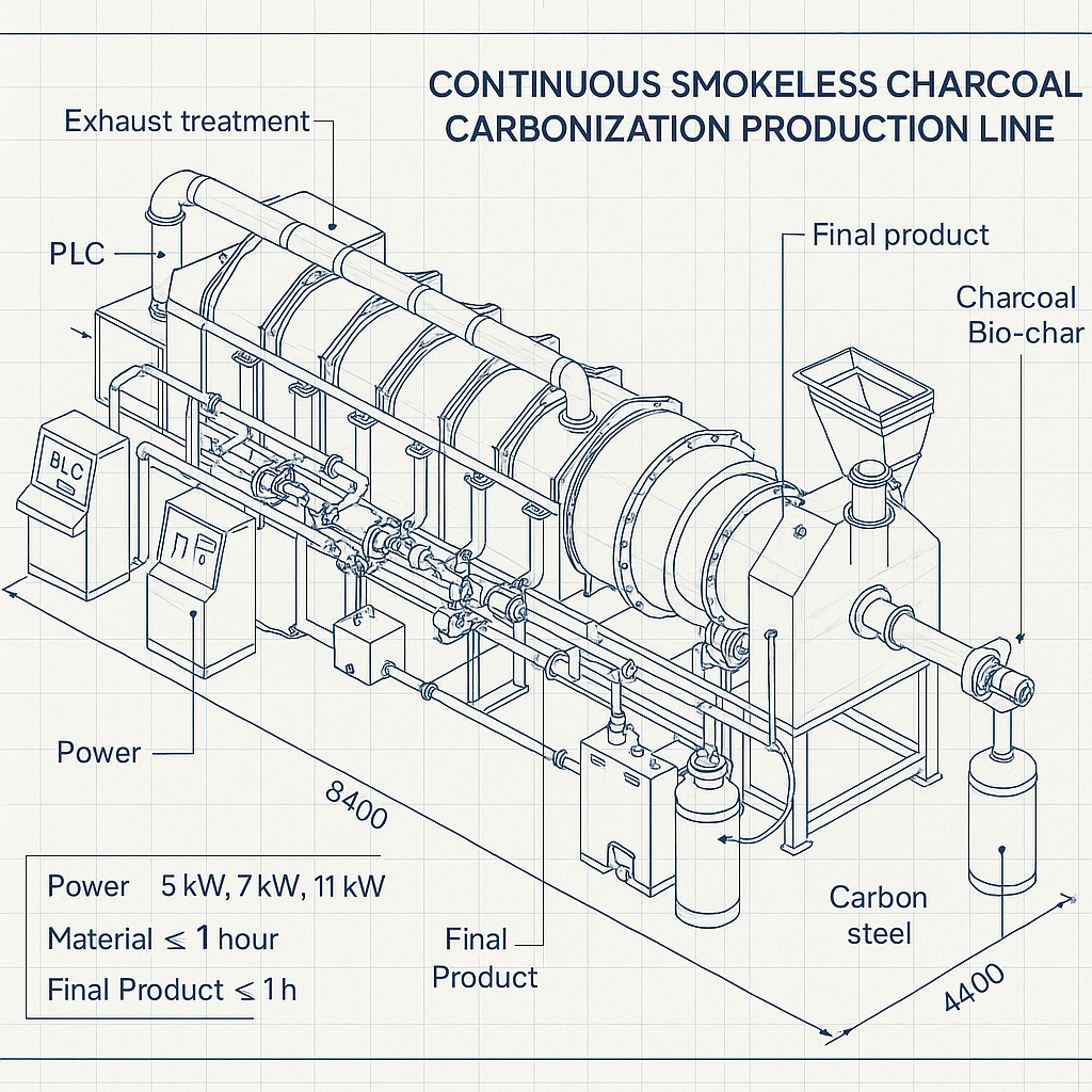 Continuous Smokeless Charcoal Carbonization Production Line — labelled 3D blueprint