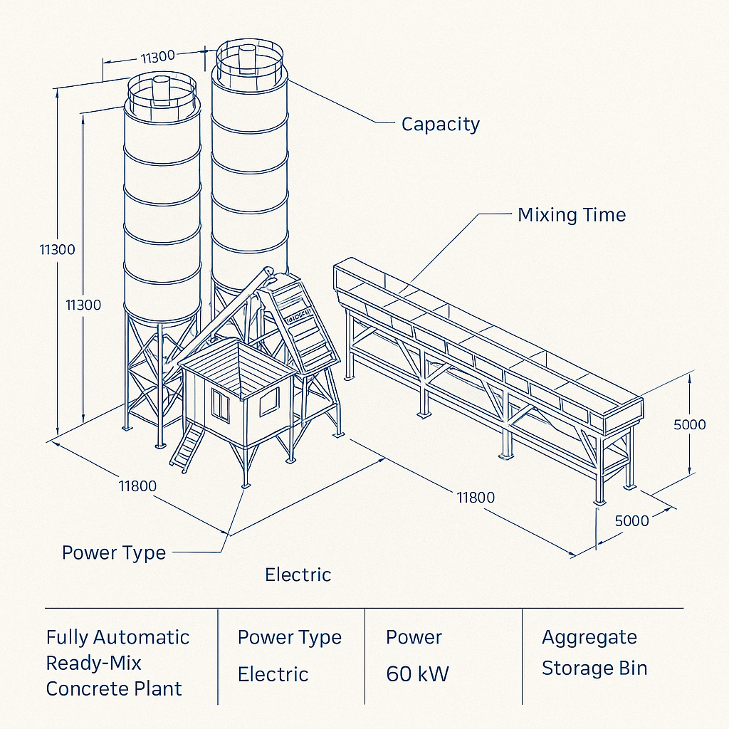 Fully Automatic Ready-Mix Concrete Mixing Plant — labelled 3D blueprint
