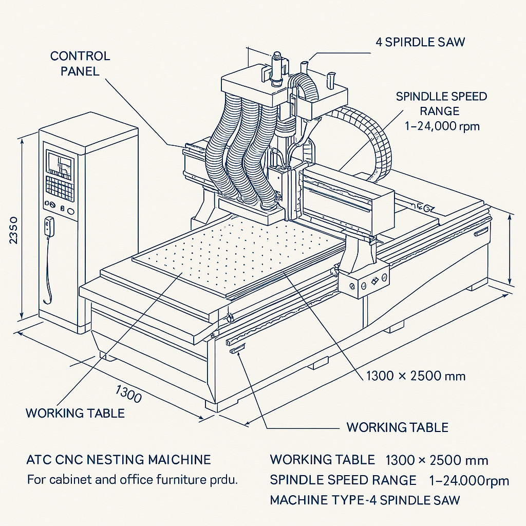 ATC CNC Nesting Machine for Cabinet and Office Furniture Production — labelled 3D blueprint