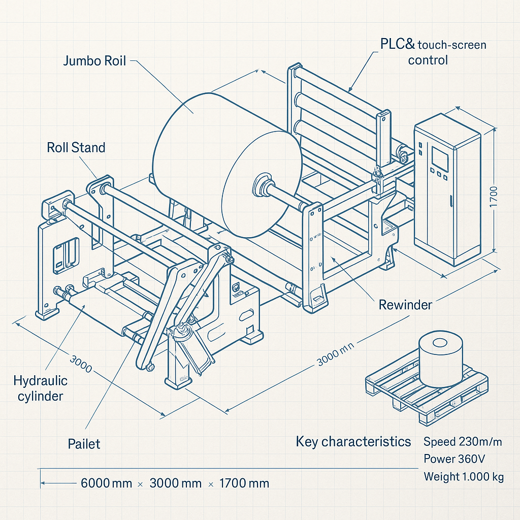Automatic Toilet Tissue Paper Making Machine — labelled 3D blueprint