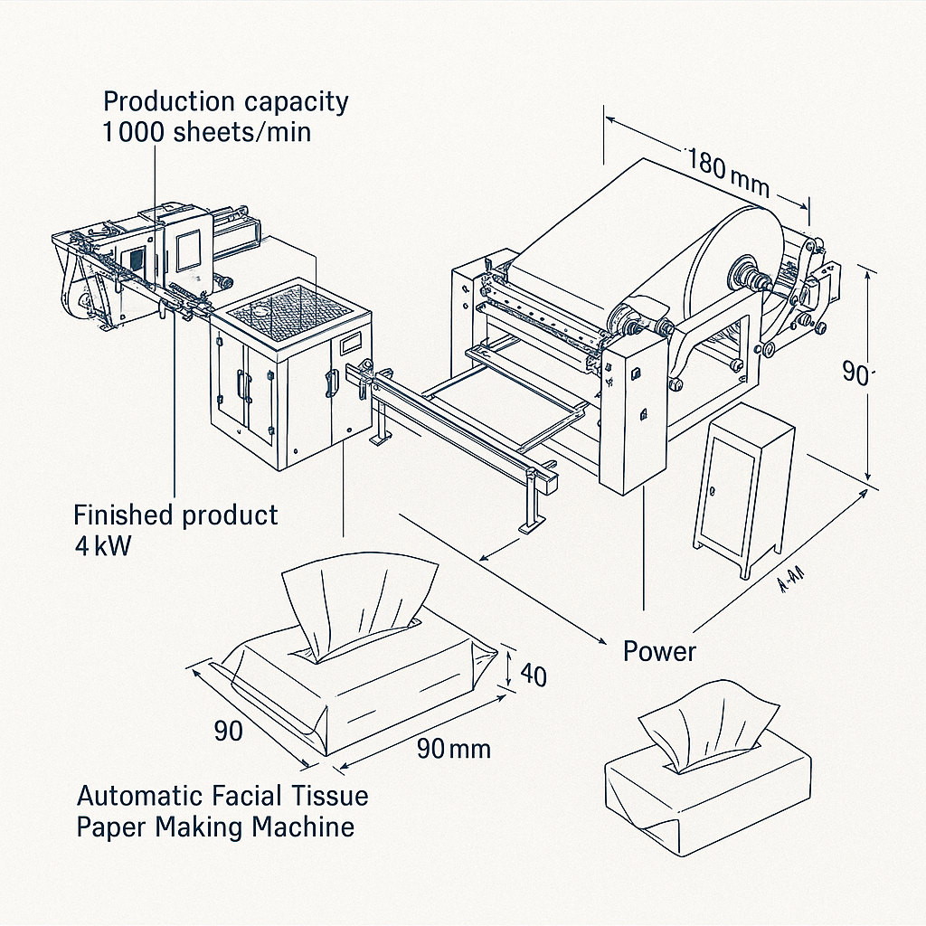Automatic Facial Tissue Paper Making Machine — labelled 3D blueprint