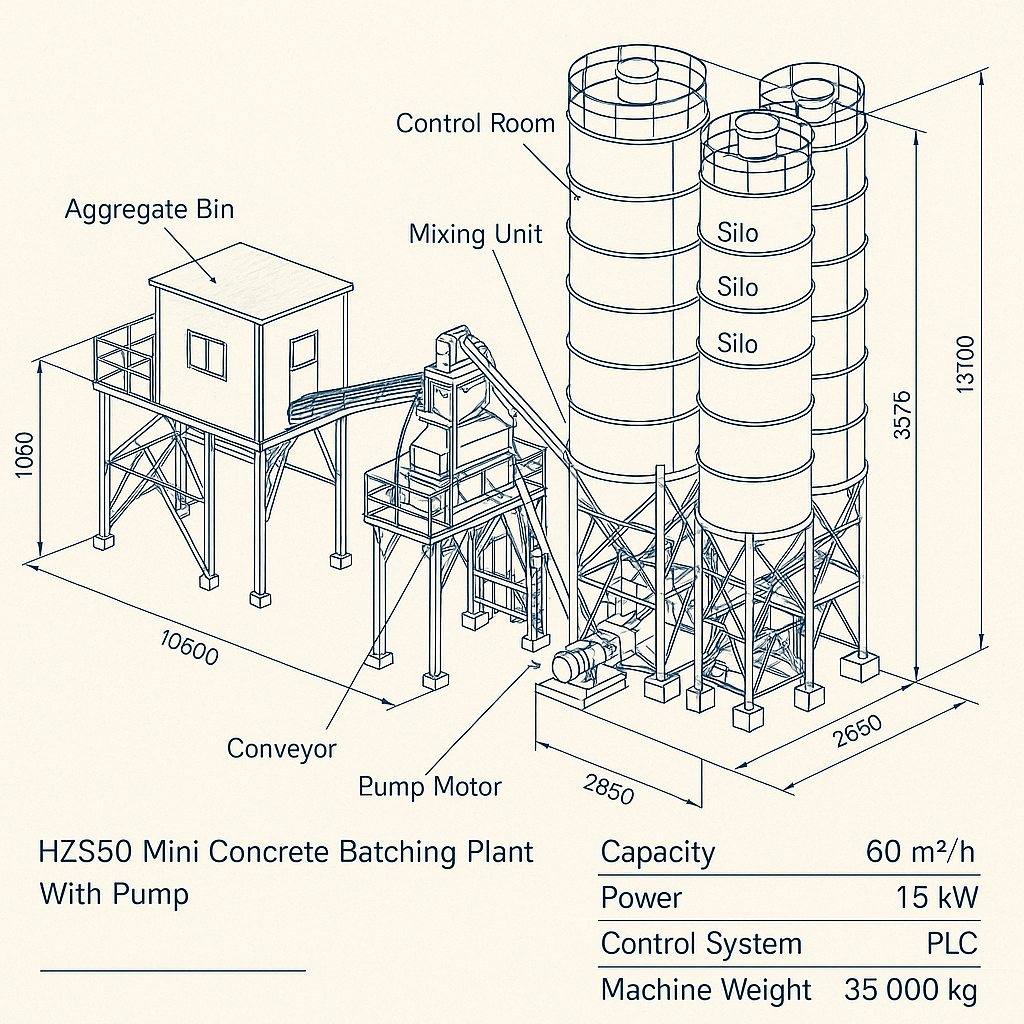 Sunny HZS50 Mini Concrete Batching Plant With Pump Motor And Engine — labelled 3D blueprint