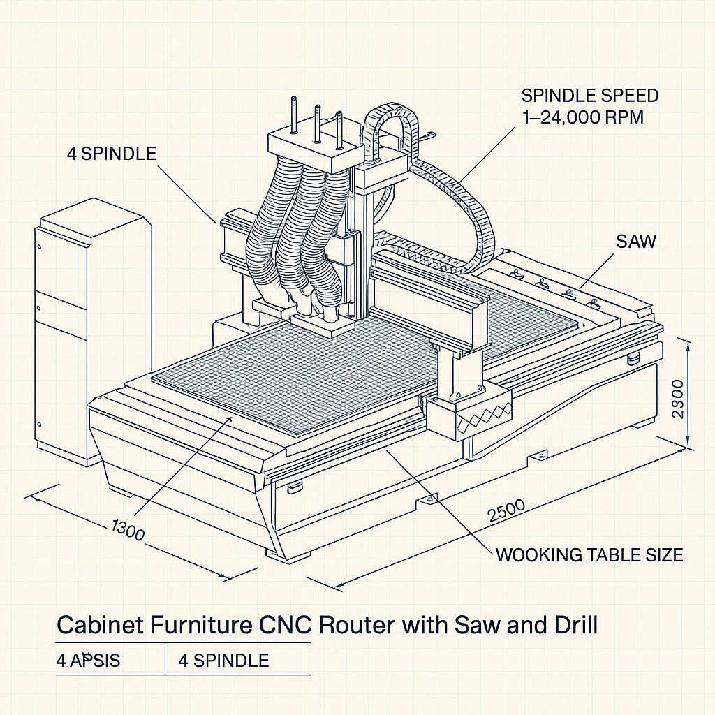 Cabinet Furniture CNC Router With Saw and Drill — labelled 3D blueprint