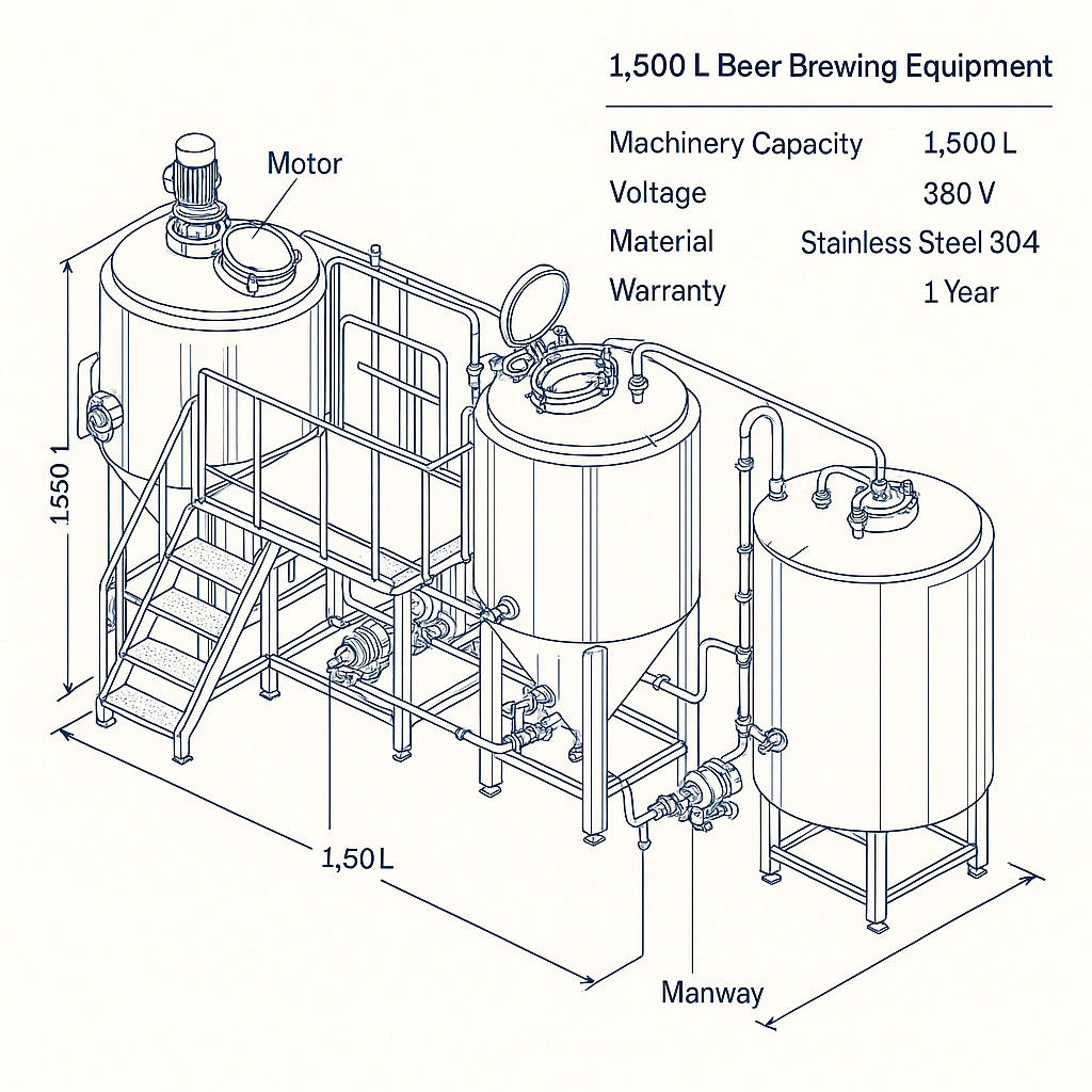 1,500 L Beer Brewing Equipment — labelled 3D blueprint