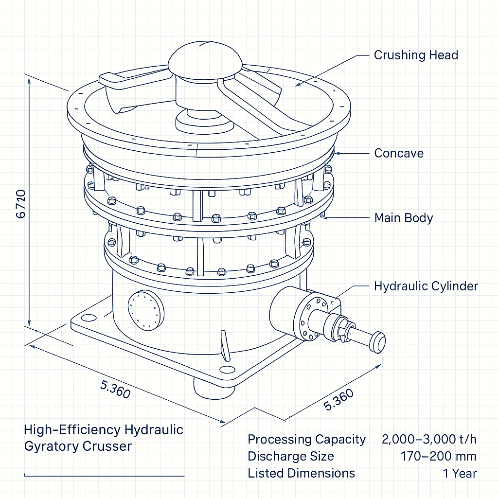 High-Efficiency Hydraulic Gyratory Crusher — labelled 3D blueprint