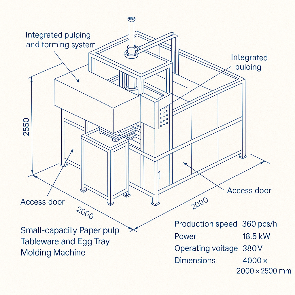 Small-Capacity Paper Pulp Tableware and Egg Tray Molding Machine — labelled 3D blueprint