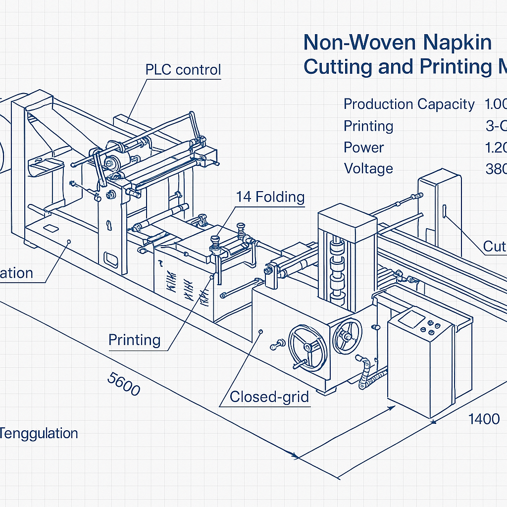 Non-Woven Napkin Cutting and Printing Machine — labelled 3D blueprint