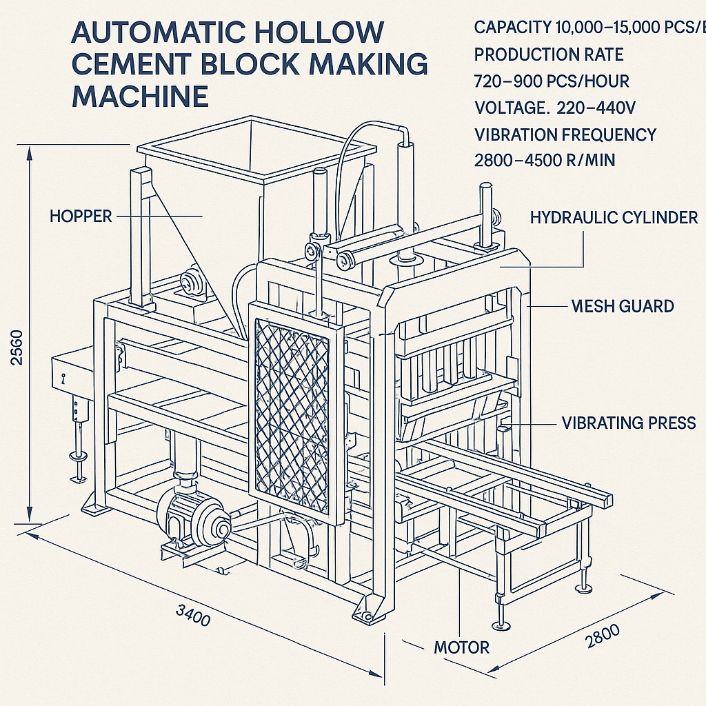 Automatic Hollow Cement Block Making Machine — labelled 3D blueprint