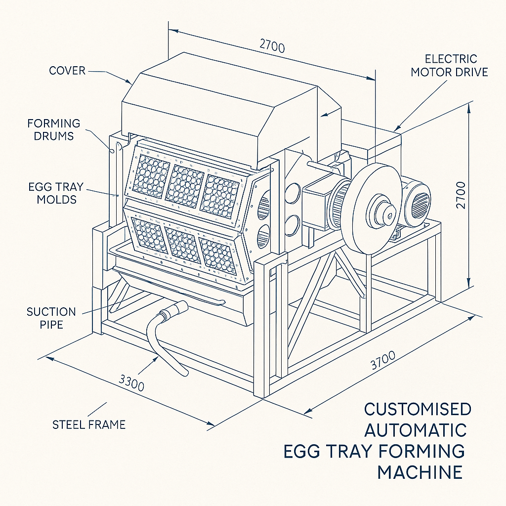 Customised Automatic Egg Tray Forming Machine — labelled 3D blueprint