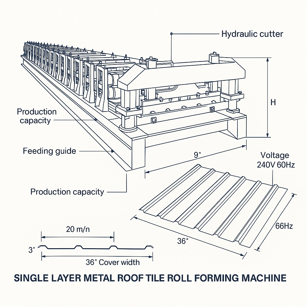 Single Layer Metal Roof Tile Roll Forming Machine — labelled 3D blueprint
