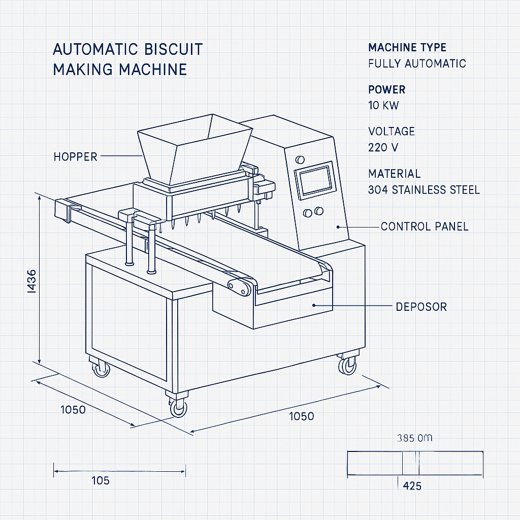 Automatic Biscuit Making Machine — labelled 3D blueprint