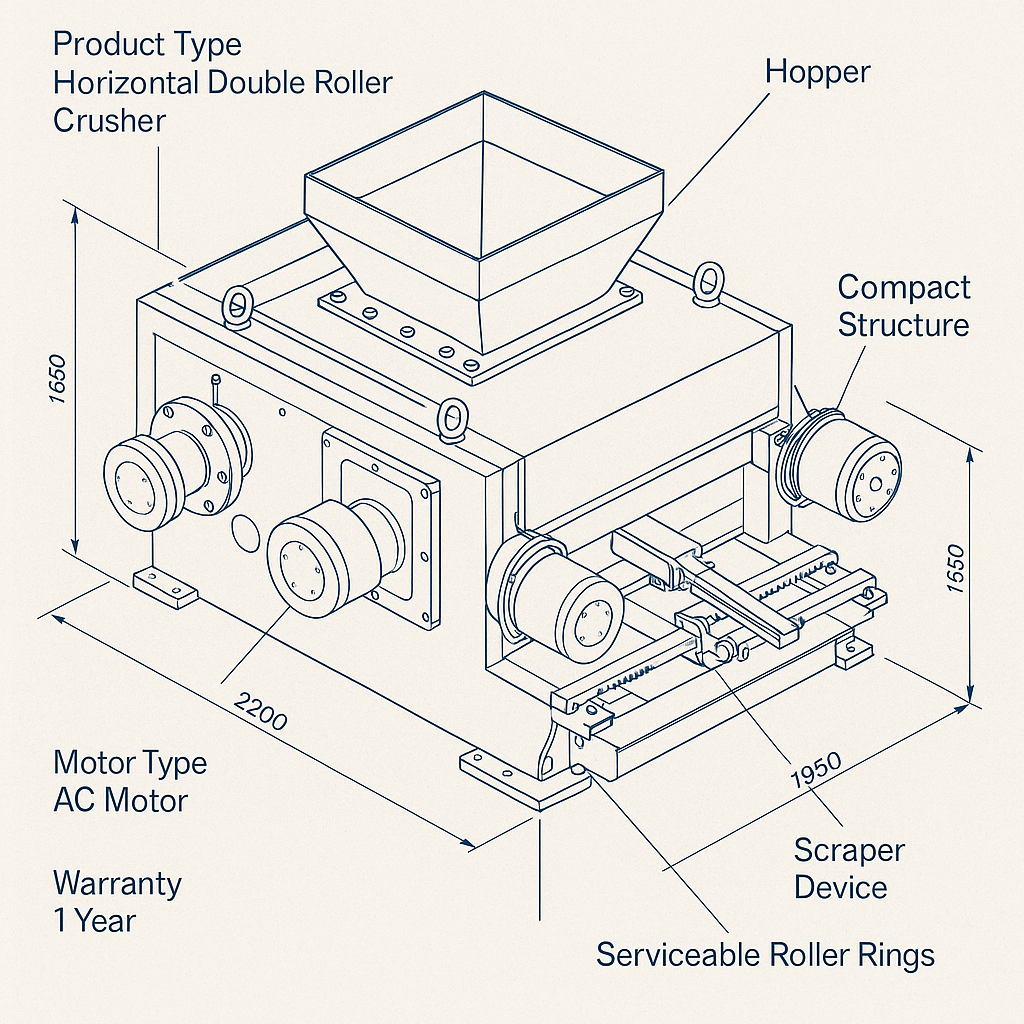 Horizontal Double Roller Crusher for Mining and Aggregate Processing — labelled 3D blueprint