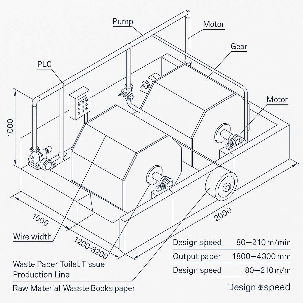 Waste Paper Toilet Tissue Production Line — labelled 3D blueprint