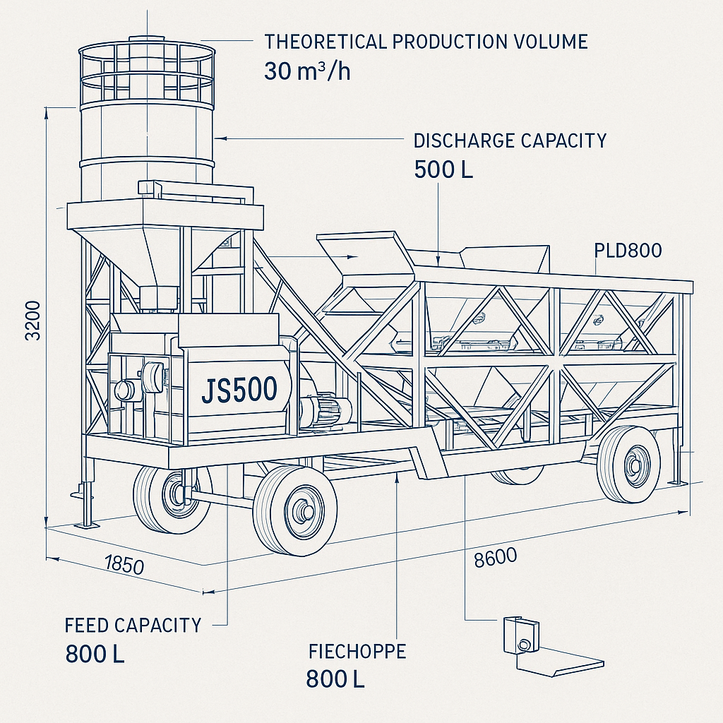 Mobile Mini Ready-Mixed Concrete Batching And Mixing Plant — labelled 3D blueprint