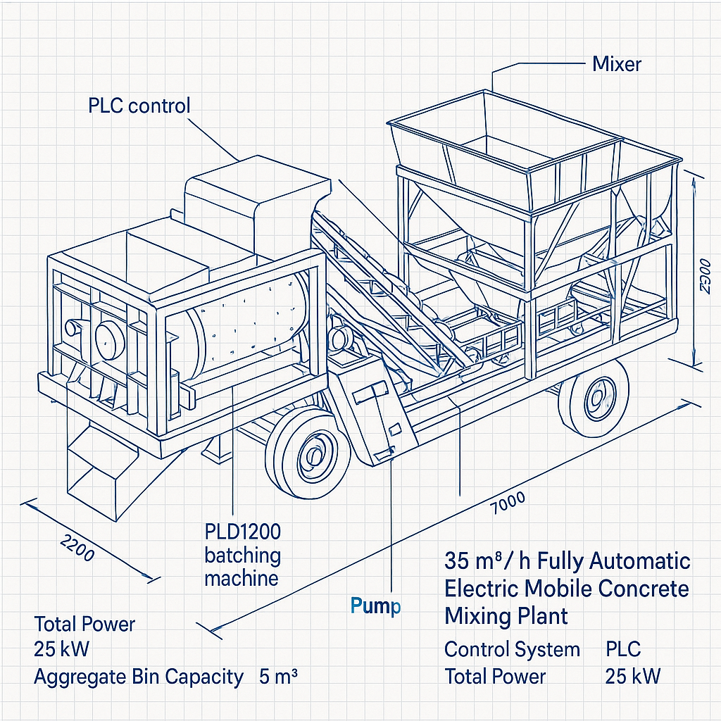 35 m³/h Fully Automatic Electric Mobile Concrete Mixing Plant — labelled 3D blueprint