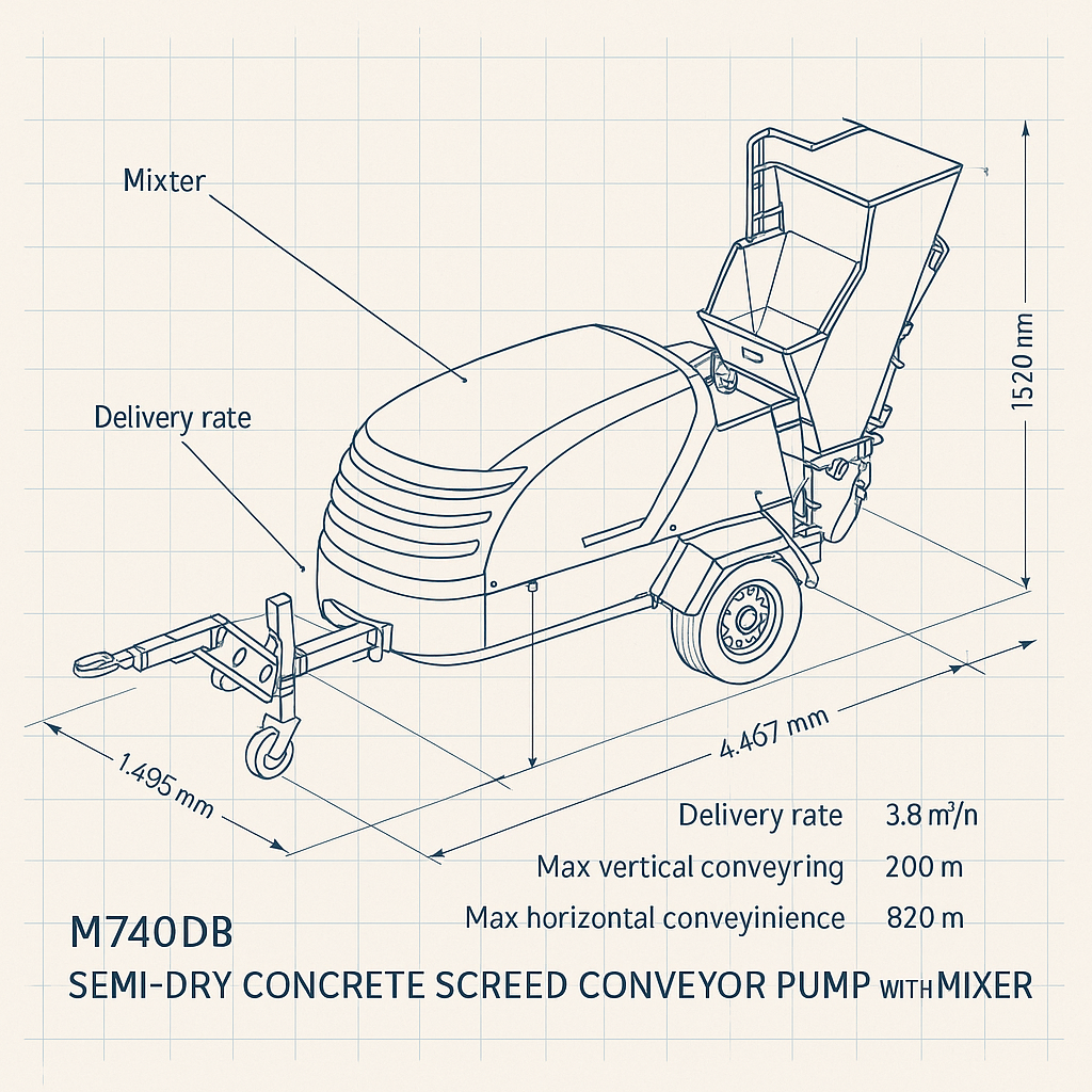 M740DB Semi-Dry Concrete Screed Conveyor Pump With Mixer — labelled 3D blueprint