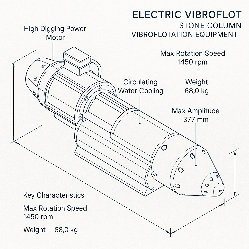 Electric Vibroflot Stone Column Vibroflotation Equipment — labelled 3D blueprint