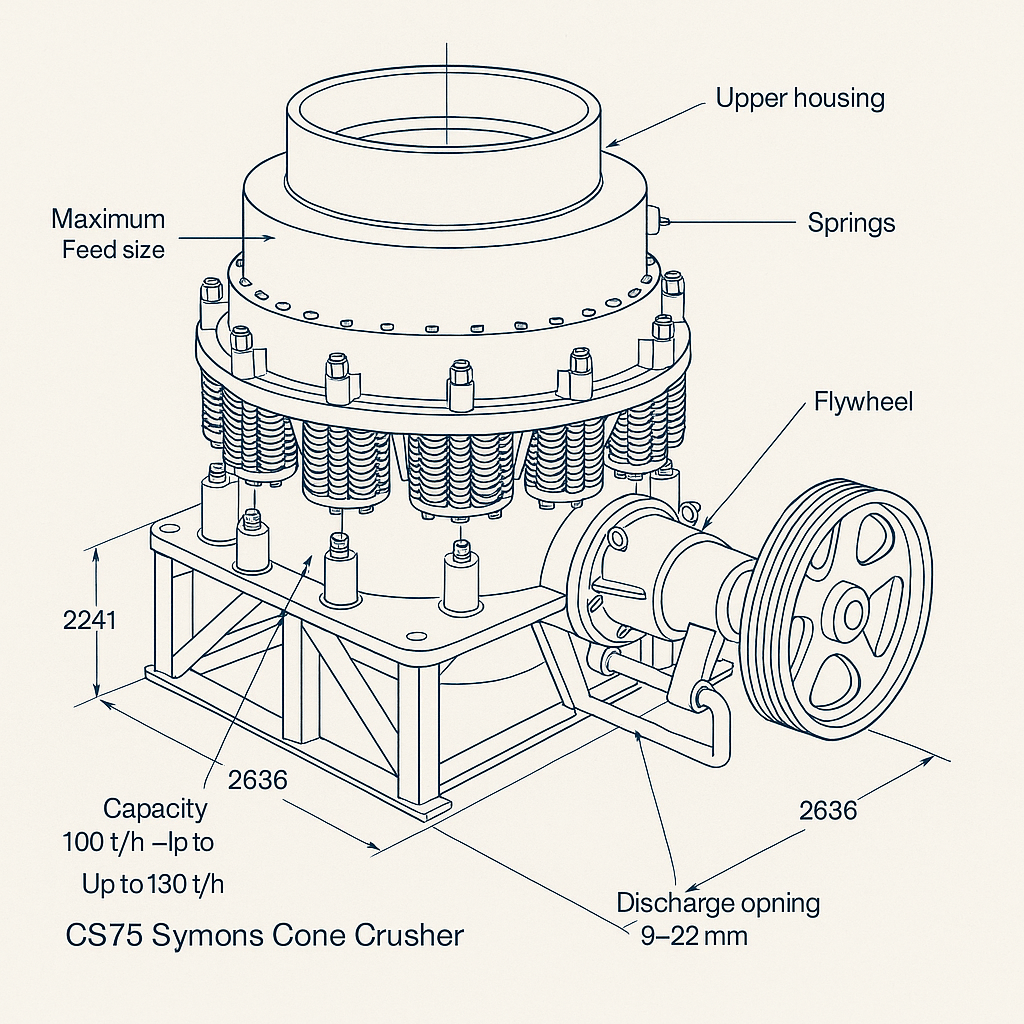 CS75 Symons Cone Crusher for Hard Rock Processing — labelled 3D blueprint