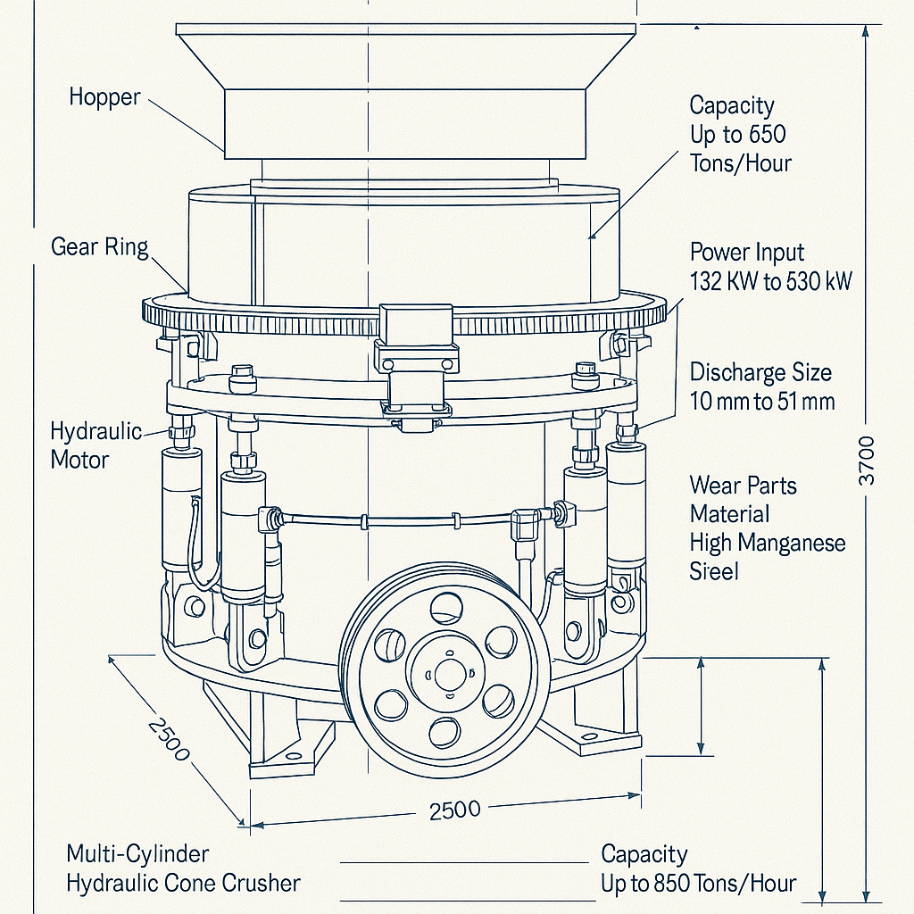 Multi-Cylinder Hydraulic Cone Crusher — labelled 3D blueprint