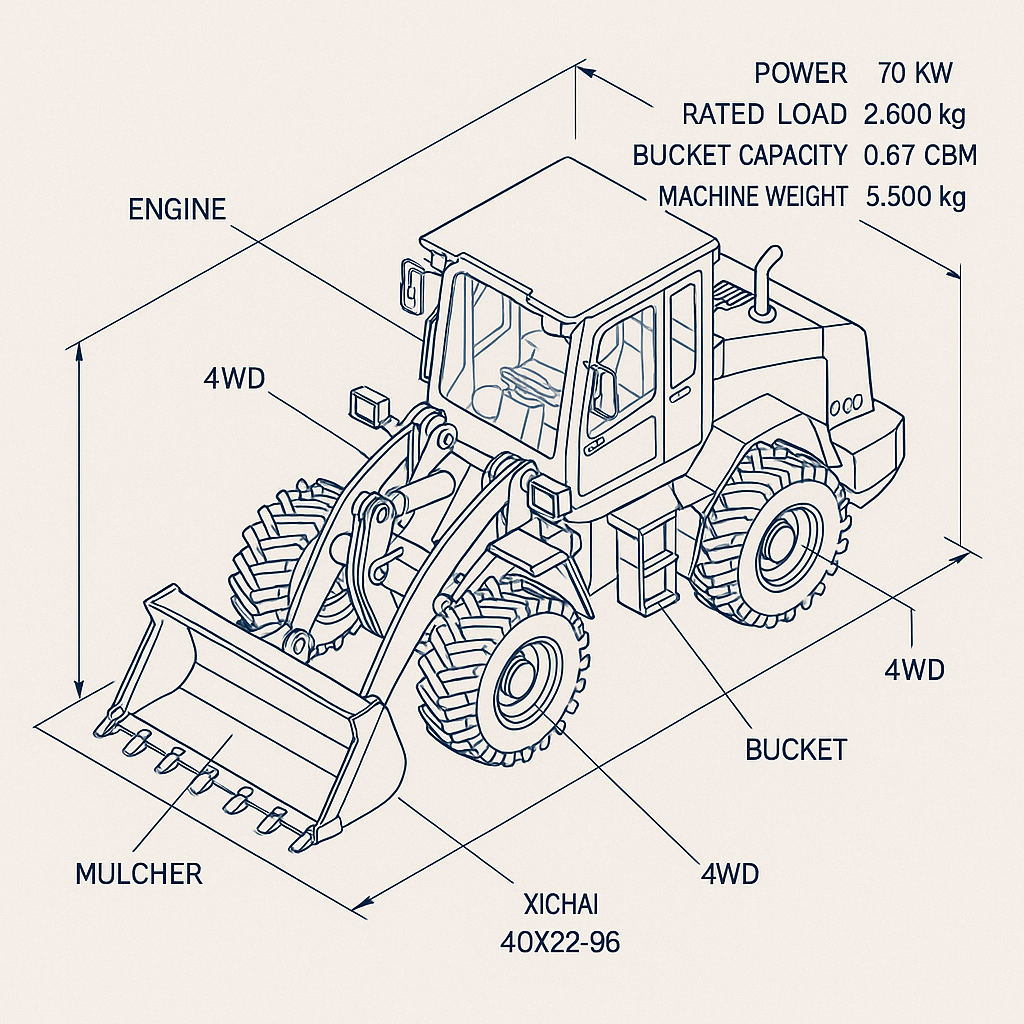 Diesel 4WD Mini Loader With Mulcher Attachment — labelled 3D blueprint