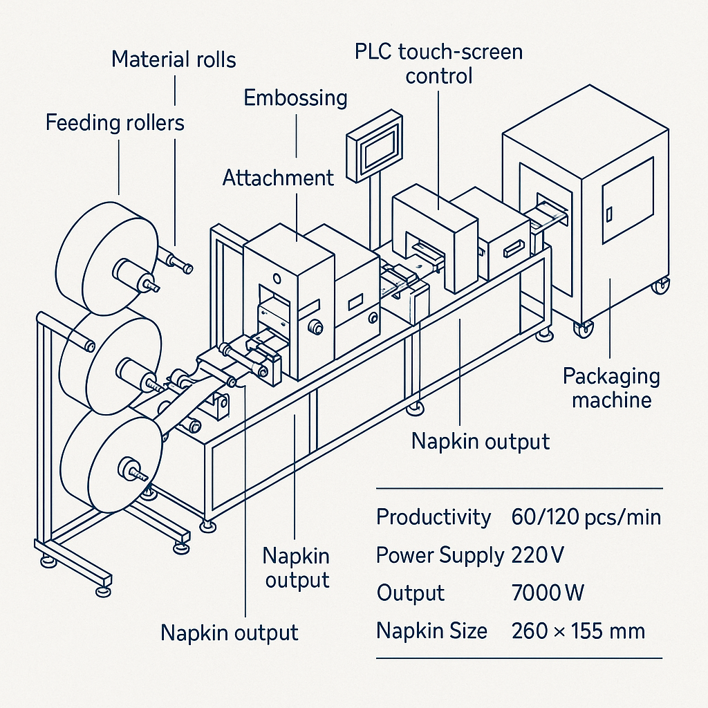 Automatic Sanitary Napkin Production Line With Packaging Machine — labelled 3D blueprint
