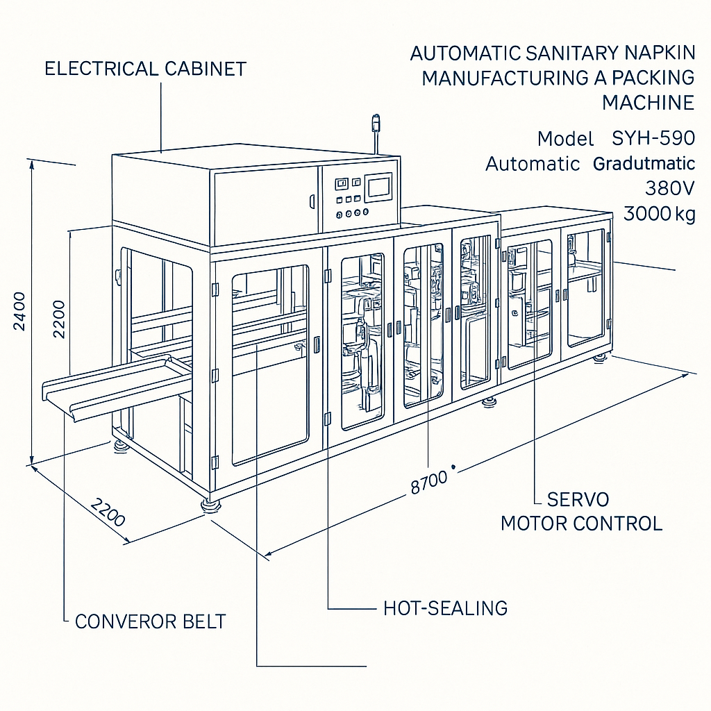 Automatic Sanitary Napkin Manufacturing And Packing Machine — labelled 3D blueprint