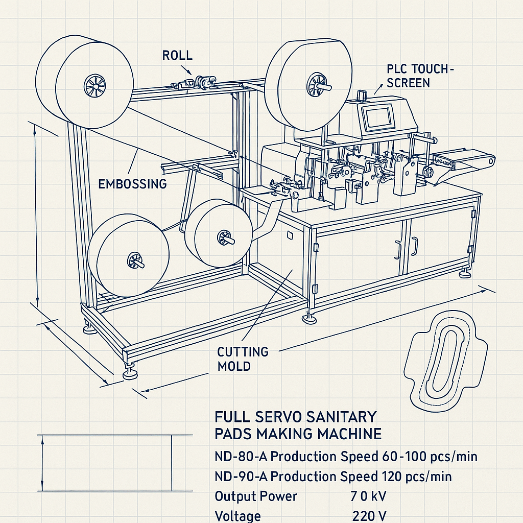 Full Servo Sanitary Pads Making Machine — labelled 3D blueprint