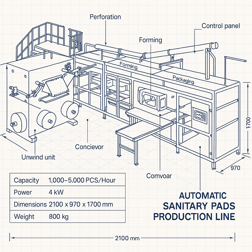 Automatic Sanitary Pads Production Line — labelled 3D blueprint