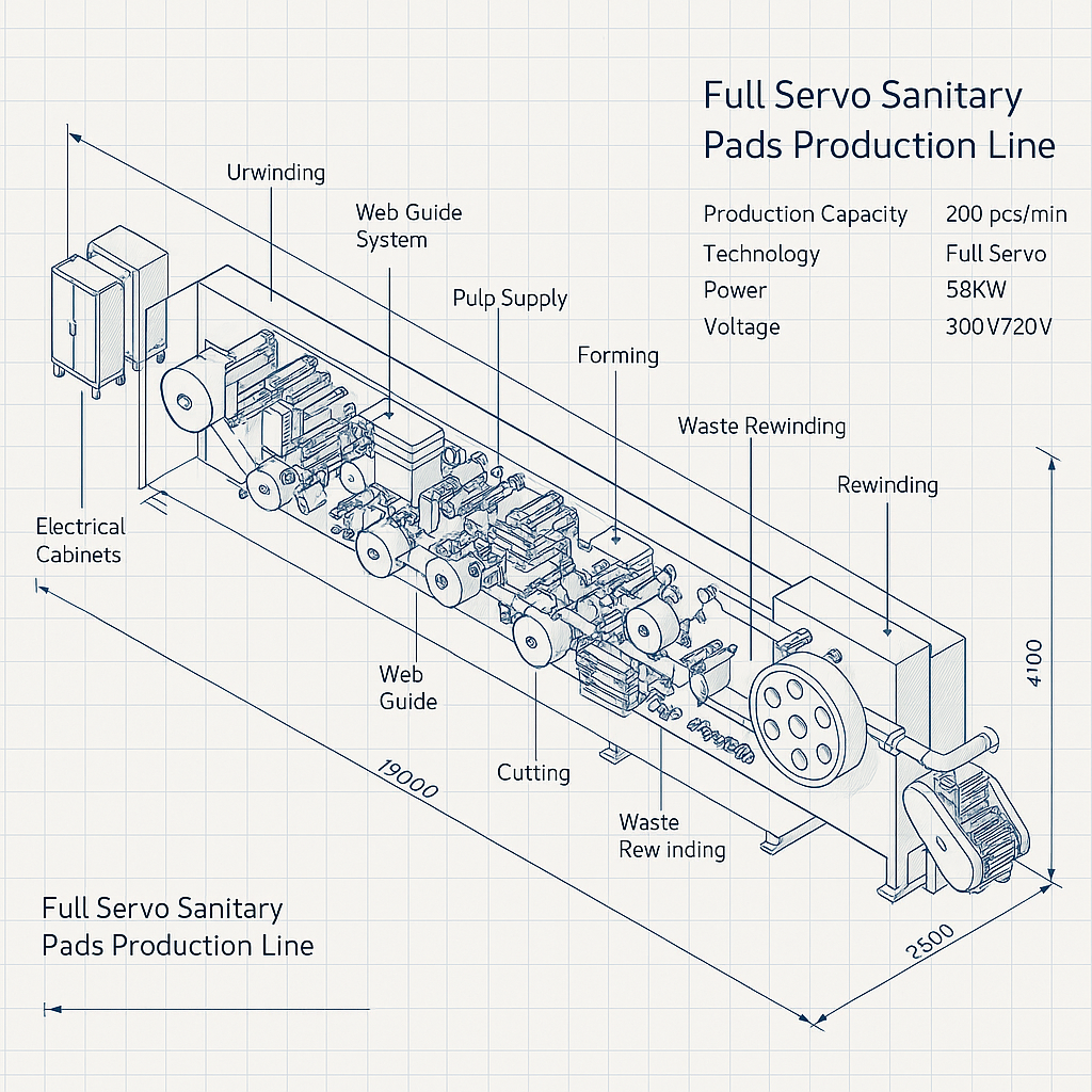Full Servo Sanitary Pads Production Line — labelled 3D blueprint